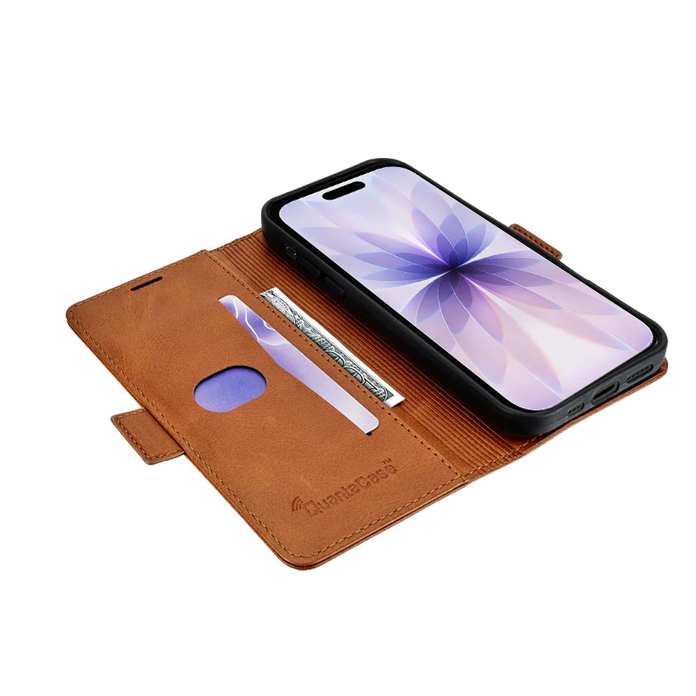 QuantaCase for iPhone 17 in Brown — open angle