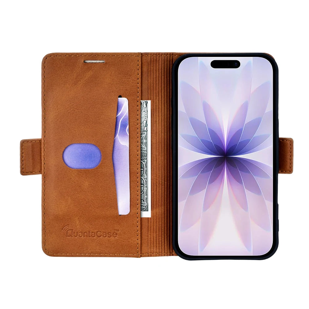 QuantaCase for iPhone 17 in Brown — open interior