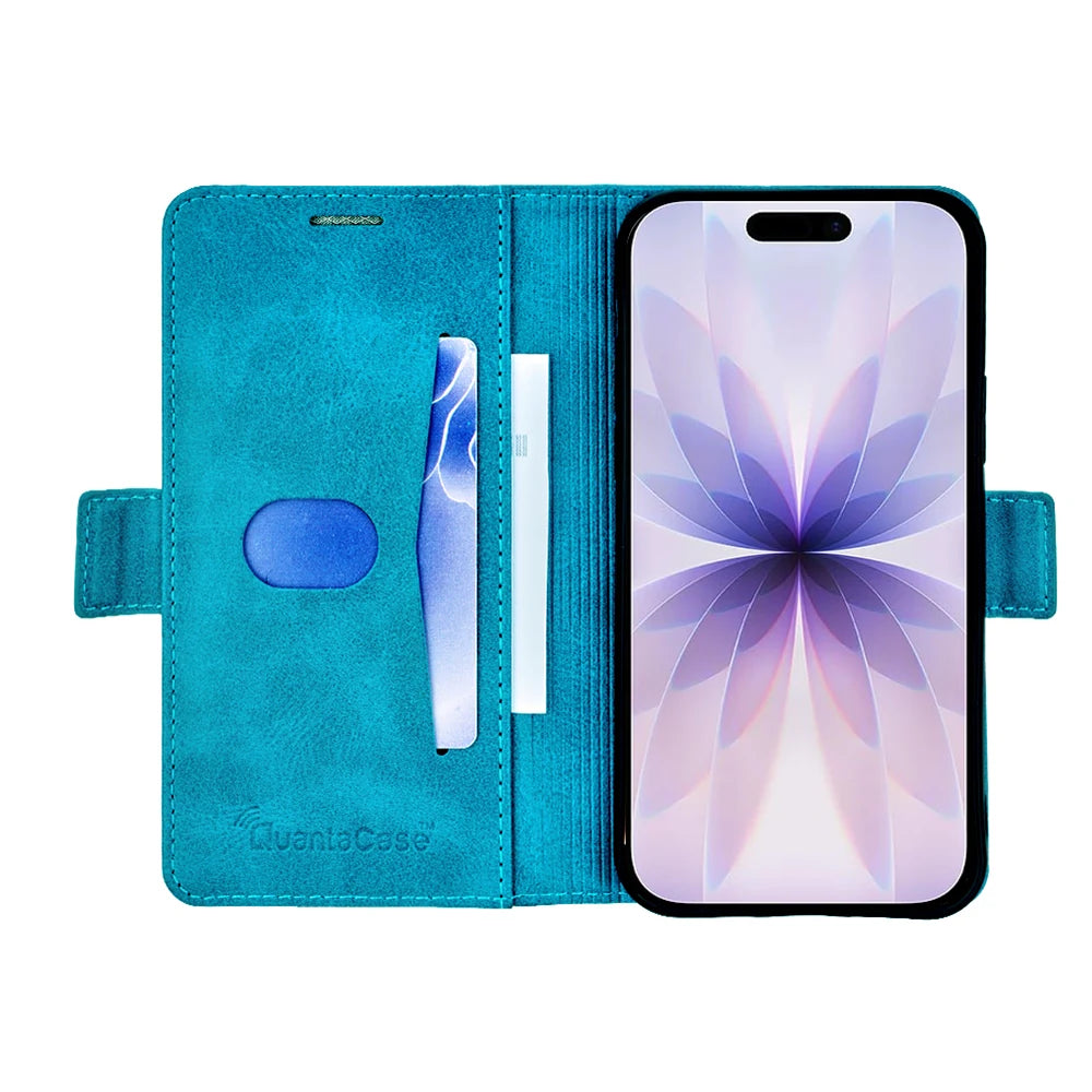 QuantaCase for iPhone 17 in Turquoise — open interior